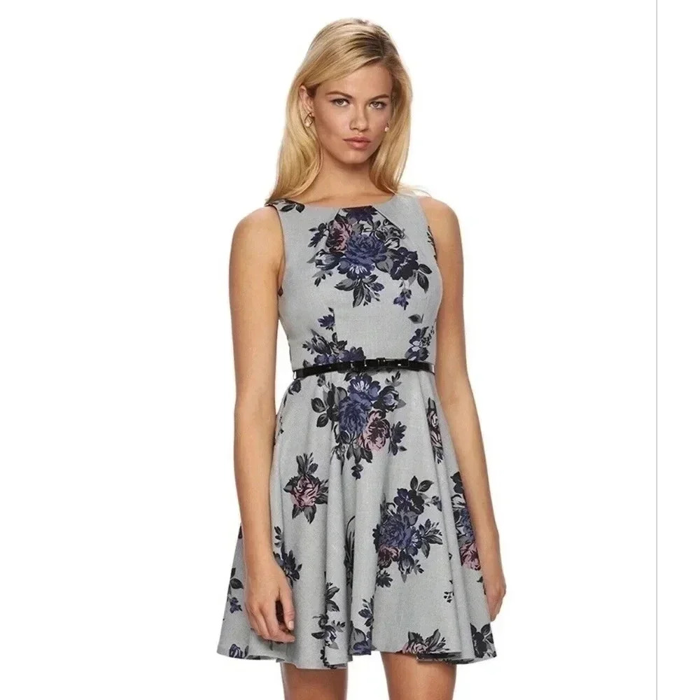 Elle Womens Sleeveless Gray Floral Fit & Flare Dress Size 6